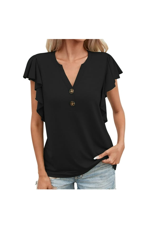 Summer T-Shirt For Women Buttons Short Sleeve V-Neck Tunic Tops Casual Solid Color Loose Activewear T-Shirt Wicking Yoga Top