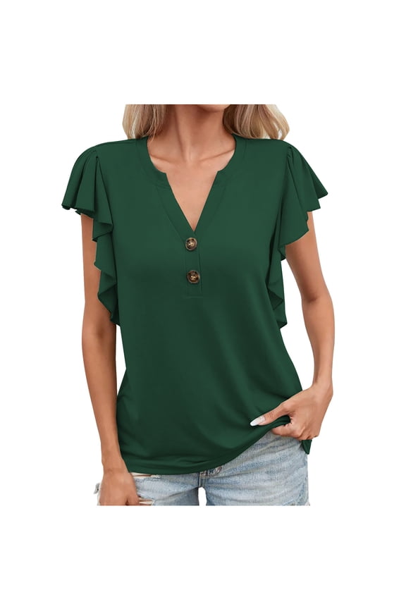 Summer T-Shirt For Women Buttons Short Sleeve V-Neck Tunic Tops Casual Solid Color Loose Fit Activewear T-Shirt Wicking Yoga Top