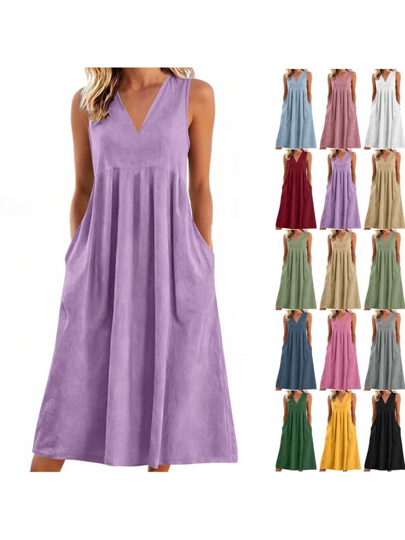 Summer Tank Dress For Women Casual V-Neck Pockets Beach Sundress Solid Sleeveless A-Line Mid-Length Dress