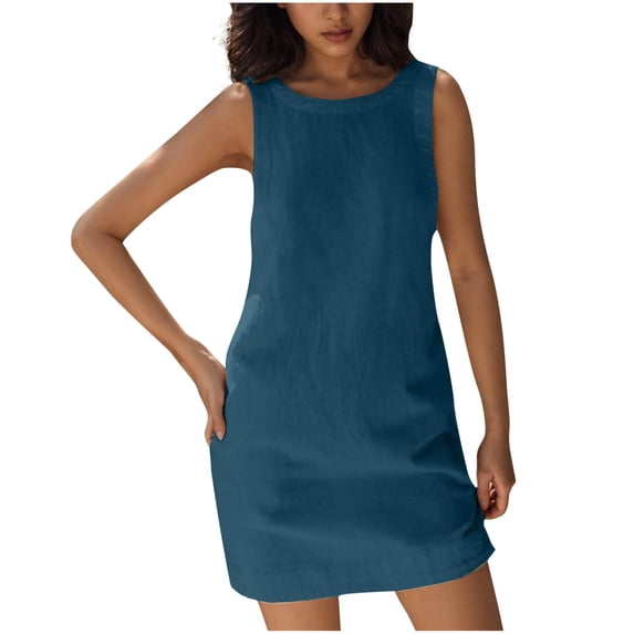 Tumotour Summer Tank Dress for Women Mini Dress Fashion Women's Casual Sleeveless Solid Round-Neck Ladies Pocket Dress