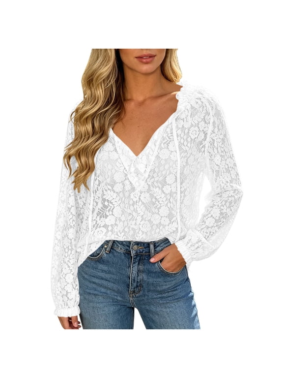 Summer Top for Women'S Drawstring Lace Transparency Shirt Casual Loose V-Neck Long Sleeve Lightweight Blouse