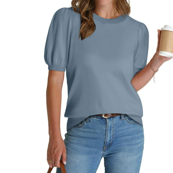 Tumotour Summer Tops For Women 2025 Vacation Ladies' Casual Loose Solid Color Round Neck Lantern Sleeve Short Sleeved Top