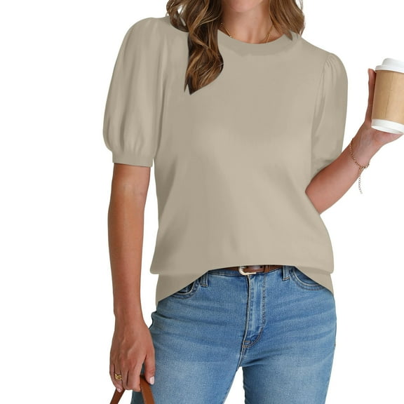 Tumotour Summer Tops For Women 2025 Vacation Ladies' Casual Loose Solid Color Round Neck Lantern Sleeve Short Sleeved Top