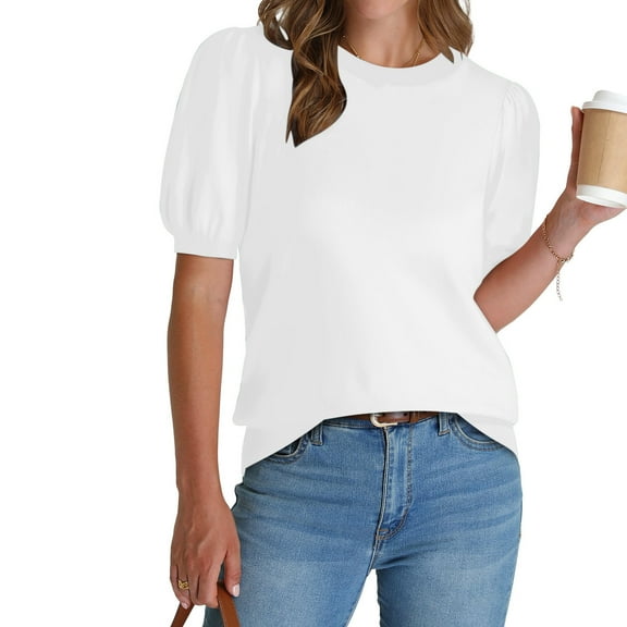 Tumotour Summer Tops For Women 2025 Vacation Ladies' Casual Loose Solid Color Round Neck Lantern Sleeve Short Sleeved Top