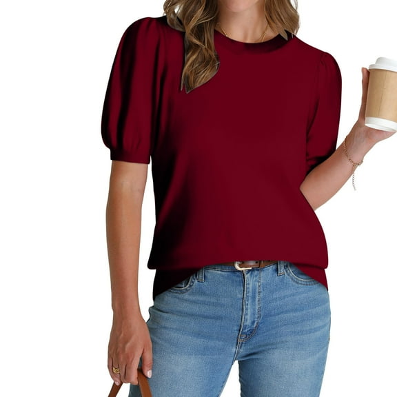 Tumotour Summer Tops For Women 2025 Vacation Ladies' Casual Loose Solid Color Round Neck Lantern Sleeve Short Sleeved Top