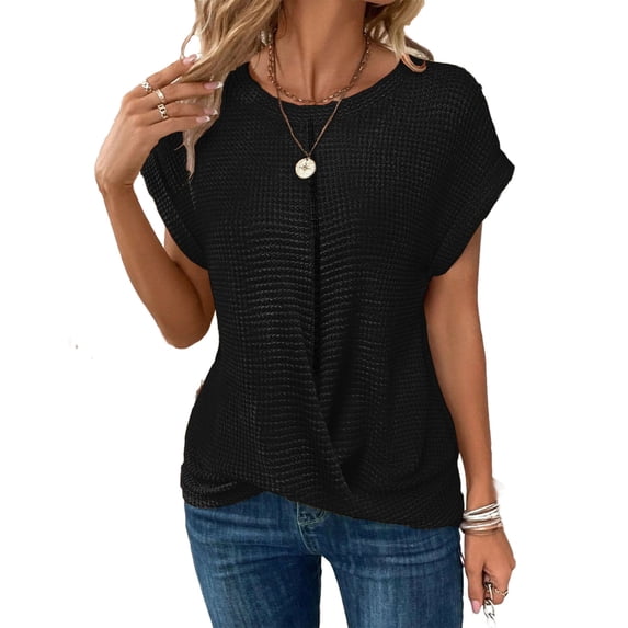 Tumotour Summer Tops Pullover Tunic Tops Blouses Shirts Cute Tops For Women Trendy Going Out Tops Women Crew Neck Short Sleeve Knit Side Loose Solid Color Casual Top