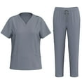 thumbnail image 1 of Tumotour Summer Tops For Women 2025 Vacation Women's Solid Color V-Neck Pocket Top With Elastic Drawstring Waist Long Pants Dry Cleaning Hand Clothes Nurse Clothes Set Suit, 1 of 9
