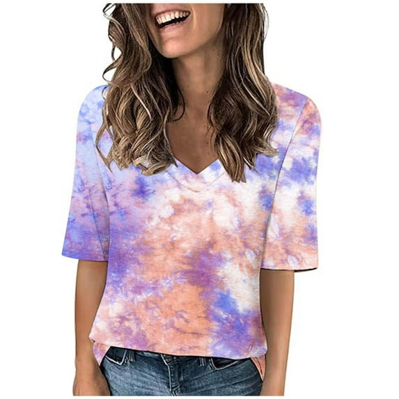 Tumotour Summer Tops For Women Short Sleeve V Neck Tunic Shirts Casual Gradient Color Loose Fashion Trendy Lightweight Soft Casual Summer Outfits Clothes 2025