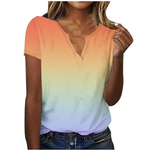 Tumotour Summer Tops For Women Short Sleeve V Neck Tunic Shirts Casual Gradient Color Loose Fit Fashion Trendy Lightweight Soft Casual Summer Outfits Clothes 2025