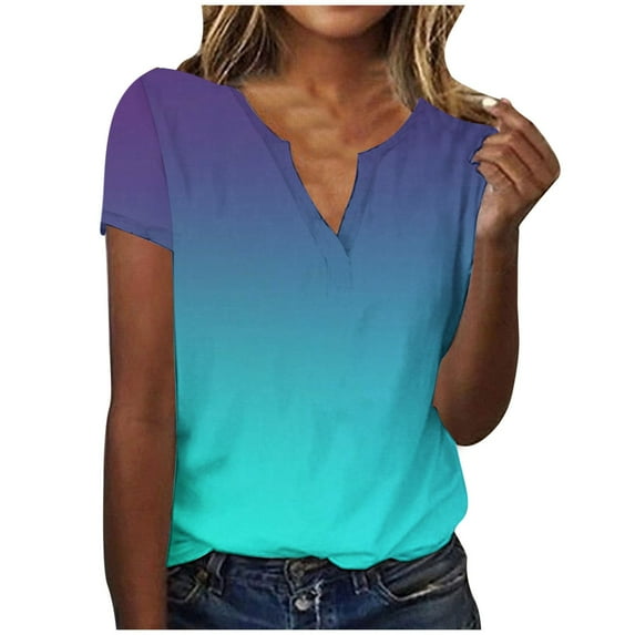 Tumotour Summer Tops For Women Short Sleeve V Neck Tunic Shirts Casual Gradient Color Loose Fashion Trendy Lightweight Soft Casual Summer Outfits Clothes 2025