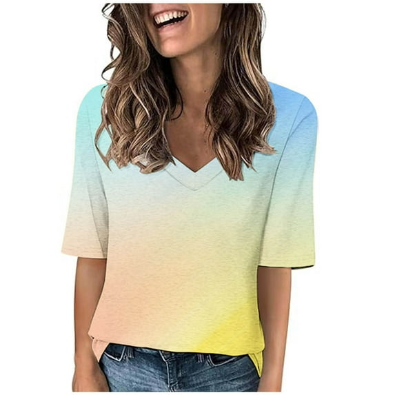 Tumotour Summer Tops For Women Short Sleeve V Neck Tunic Shirts Casual Gradient Color Loose Fashion Trendy Lightweight Soft Casual Summer Outfits Clothes 2025