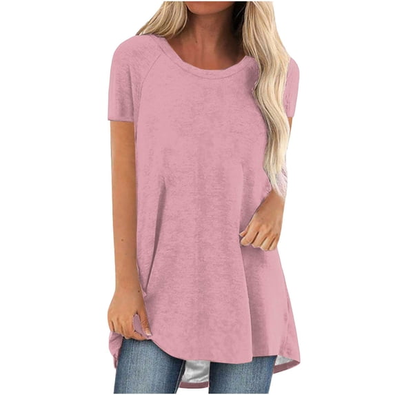 Tumotour Summer long Tunics Tops for Women Casual Loose Fit Crewneck Short Sleeve Casual Long T Shirts Blouses with Pockets to Wear with Leggings