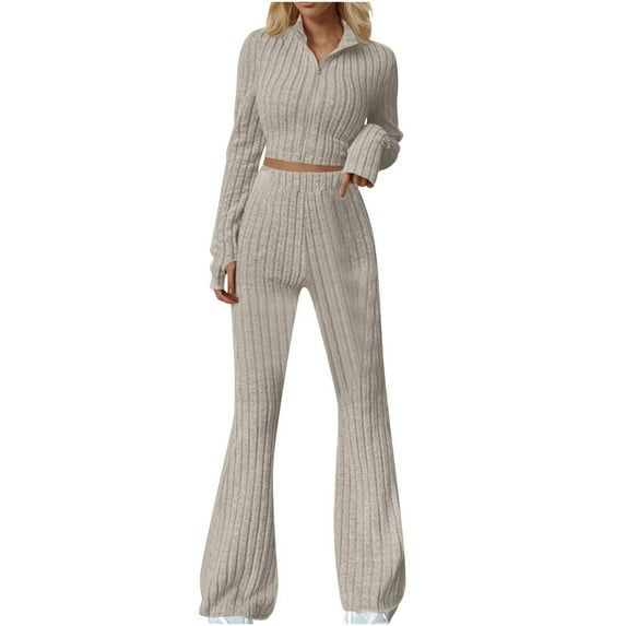 Tumotour Sweat Suits For Womens V Neck Long Sleeve Zip Crop Tops High Waist Long Pants Knit Casual Solid Color Jogging Lounge Matching Set