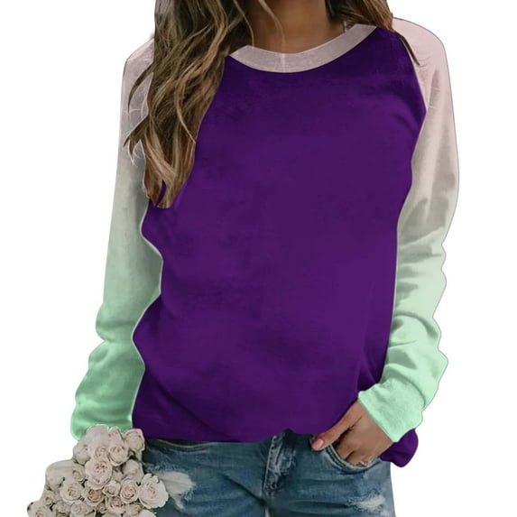 Tumotour Sweatshirt For Women Crew Neck Long Sleeve Side Split Tunic Pullover Tops Womens Fall Fashion 2024 Casual Patchwork Gradient Color Block Loose Soft Comfortable Pullover Tops