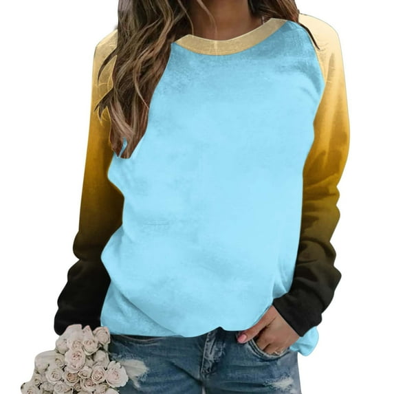 Tumotour Sweatshirt For Women Crew Neck Long Sleeve Side Split Tunic Pullover Tops Womens Fall Fashion 2024 Casual Patchwork Gradient Color Block Loose Soft Comfortable Pullover Tops
