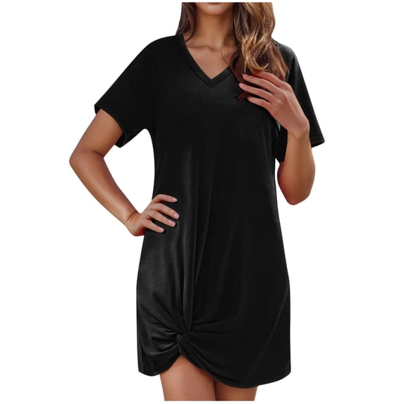 Tumotour Summer Dress for Women Casual Mini Dress T-Shirt Dress Solid Color V-Neck Short Sleeve Side Twisted Bikini Swimsuit Beach Cover Shirt