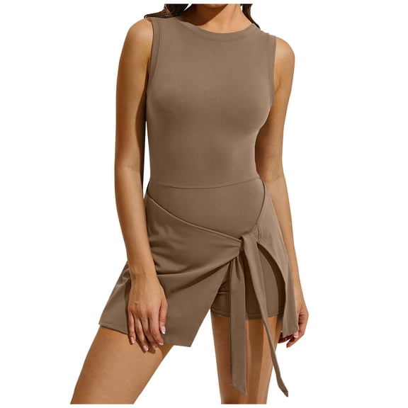 Tumotour Tennis Dress For Women Crew Neck Sleeveless Fake Two Tight Fitting Sports Straps Yoga Golf Athletic Dresses Ruffle Side Slit Workout Rompers Tennis Skirt