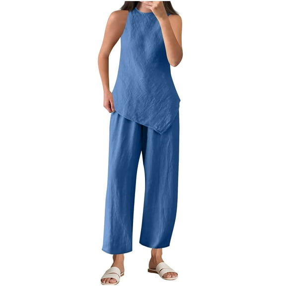 Tumotour Two Piece Sets For Women 2025 Round Neck Sleeveless Top Matching Sets Women Clothing Spring Wide Leg Crop Pants Sets