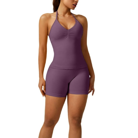 Tumotour Two Piece Sets For Women 2025 Summer Yoga Outfits Backless Strappy Sports Bra And High Waisted Shorts Matching Workout Set