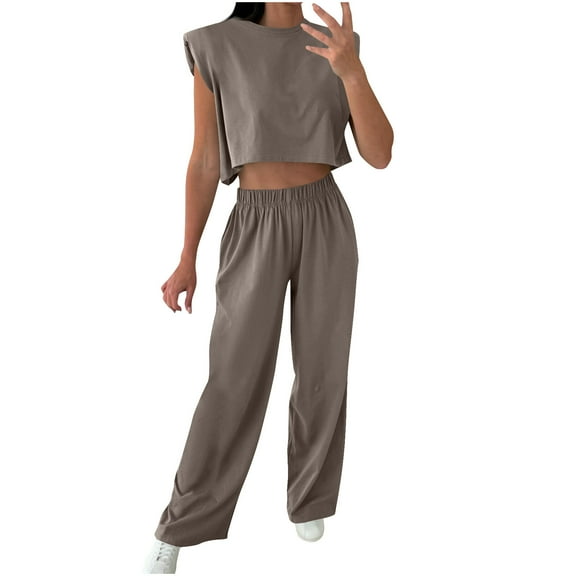 Tumotour Two Piece Sets For Women Casual Outfits Round Neck Sleeveless Crop Top Wide Leg Pants Lounge Beach Travel Sets