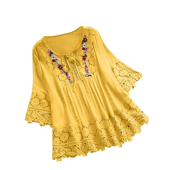 Tumotour Vintage Shirts For Women V Neck 3/4 Sleeve Lace Patchwork Bow Embroidery Three Quarter Blouses Top Retro Style Casual Solid Tops T-Shirt