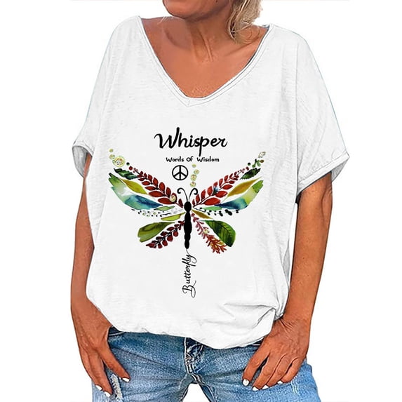 Tumotour Vintage Shirts For Women V-Neck Printed Short Sleeve T-Shirt Retro Style Oversized Loose Casual Pattern T-Shirt Top