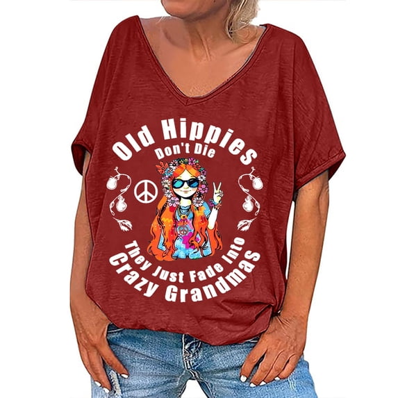 Tumotour Vintage Shirts For Women V-Neck Printed Short Sleeve T-Shirt Retro Style Oversized Loose Casual Pattern T-Shirt Top