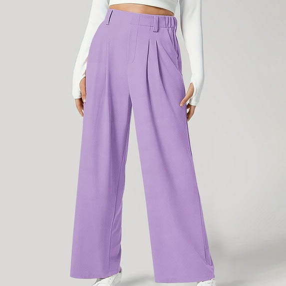 Tumotour Wide Leg Pants For Women Elastic High Waisted Pleated Side Pocket Waffle Knit Palazzo Trousers Casual Solid Color Loose Work Business Ruffled Slacks Pants