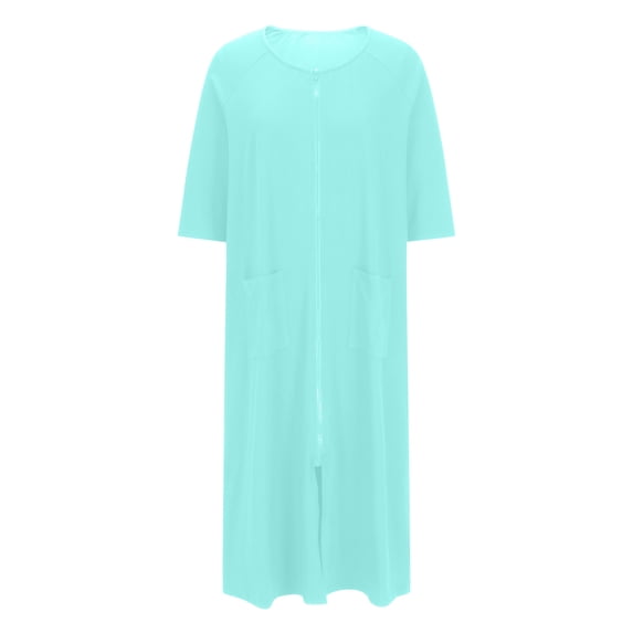 Tumotour Zip-Up Nightdress For Women Solid Color Crew Neck Zipper Front Pajamas Robe Half Sleeve Housecoats Full Length Maxi Dress Sleepwear Loungewear Long Nightgown With Pockets