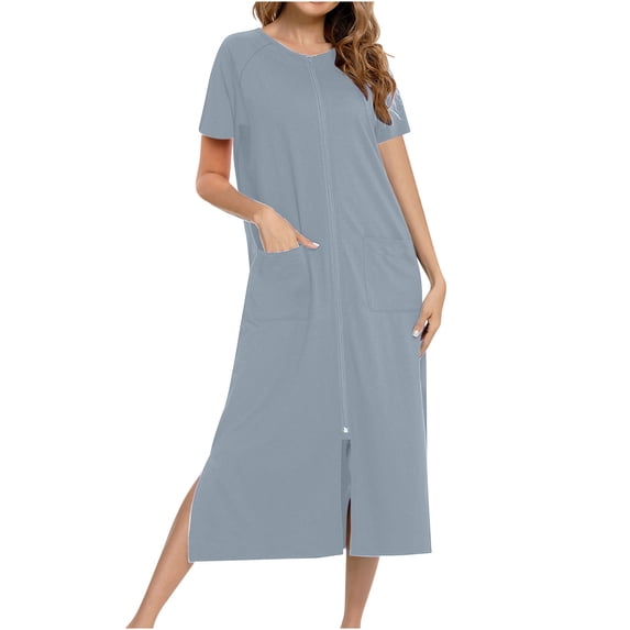 Tumotour Zipper Front Pajamas Robe For Women Solid Color Short Sleeve Housecoats Full Length Zip-Up Nightdress Maxi Dress Sleepwear Loungewear Long Nightgown With Pockets