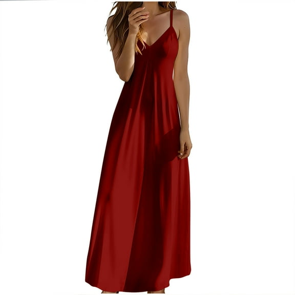 Tumotour summer dress for women Full Slip Under Dress Lace Satin Silk Casual Sleeveless V Neck Adjustable Spaghetti Strap Straight Maxi Long Dress