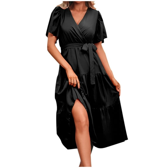 Tumotour Summer Dress For Women Maxi High Waist Ruffle Summer Casual Dress With Belt V-Neck Short Sleeve 2025 Beach Mini Dresses