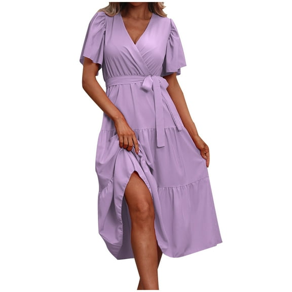 Tumotour Summer Dress For Women Maxi High Waist Ruffle Summer Casual Dress With Belt V-Neck Short Sleeve 2025 Beach Mini Dresses