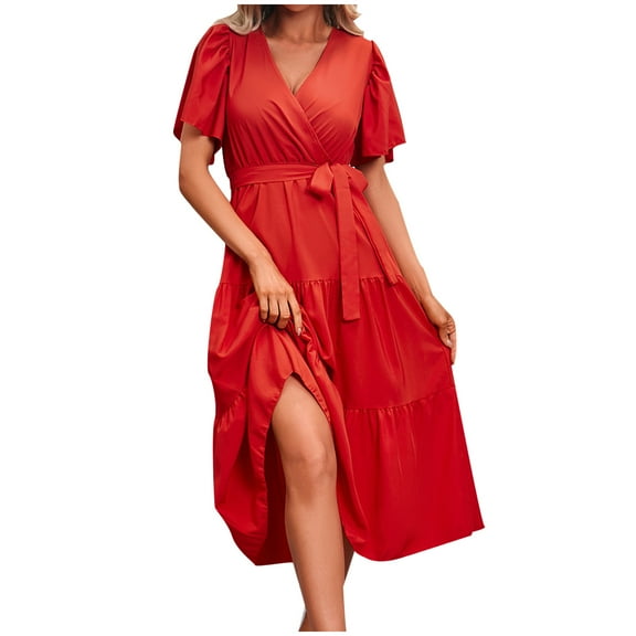 Tumotour Summer Dress For Women Maxi High Waist Ruffle Summer Casual Dress With Belt V-Neck Short Sleeve 2025 Beach Mini Dresses