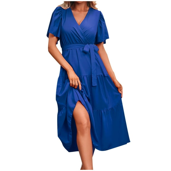 Tumotour Summer Dress For Women Maxi High Waist Ruffle Summer Casual Dress With Belt V-Neck Short Sleeve 2025 Beach Mini Dresses