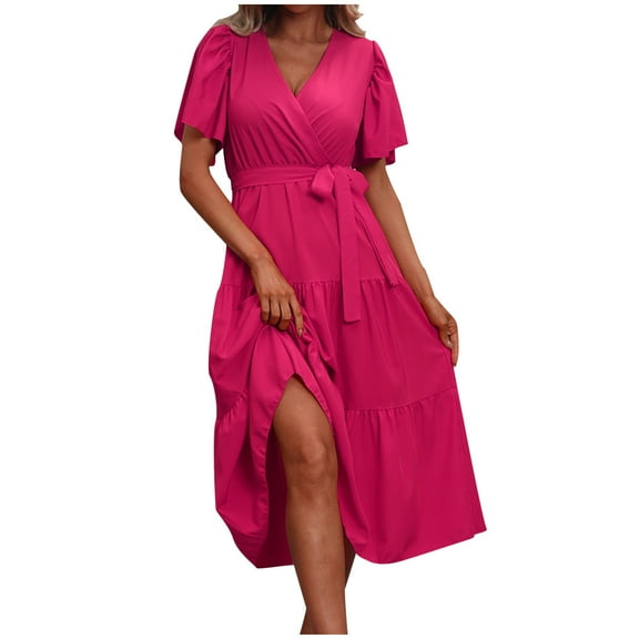 Tumotour Summer Dress For Women Maxi High Waist Ruffle Summer Casual Dress With Belt V-Neck Short Sleeve 2025 Beach Mini Dresses