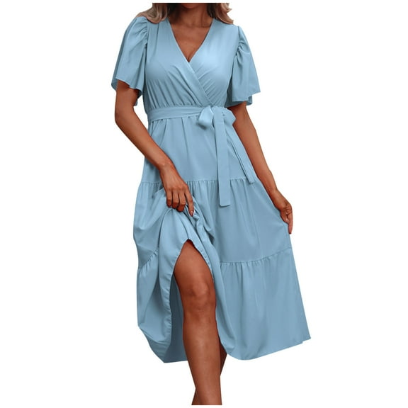 Tumotour Summer Dress For Women Maxi High Waist Ruffle Summer Casual Dress With Belt V-Neck Short Sleeve 2025 Beach Mini Dresses