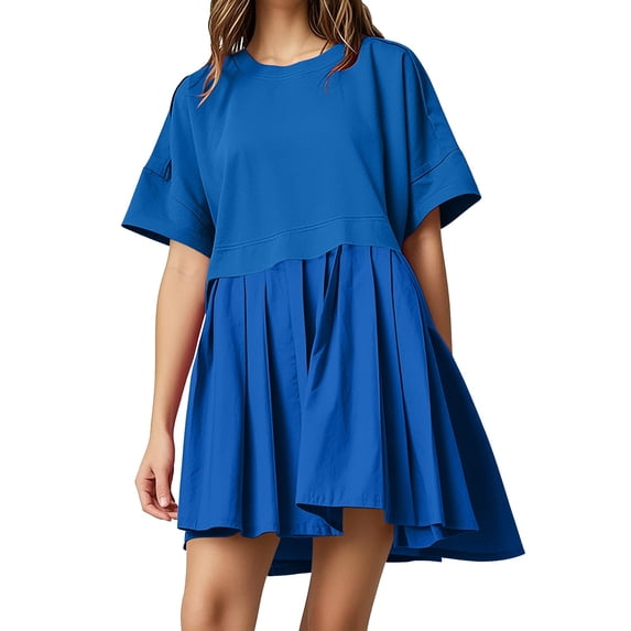 Tumotour summer dress for women Round Neck Short Sleeve Dress Casual Loose Solid color Patchwork Pleated A Line Beach Mini Dress