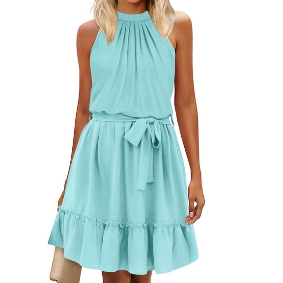 Tumotour summer dress for women Solid Color Casual Sleeveless Tie Back Mini Dress Round NeckPleated A-line Loose Dress Outfits Sundresses