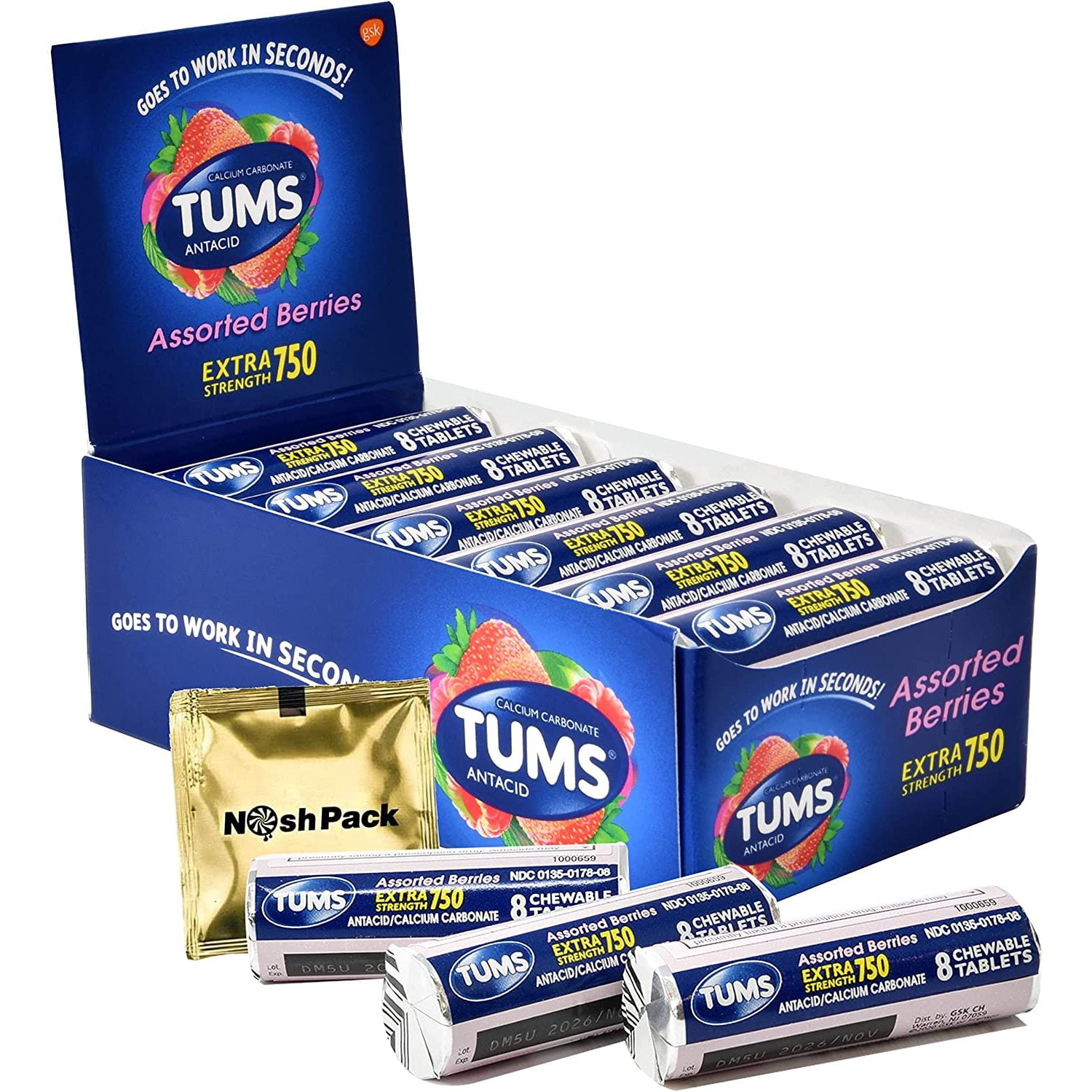 Tums Antacid Chewable Tablets for Travel, 12 Rolls Extra Strength Fast Acting Chewy Bites