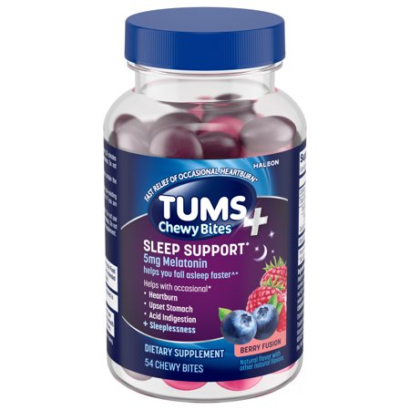 Tums+ Chewable Dietary Supplement Tablets (Chews) With Melatonin Provides Occasional Heartburn Relief and Sleep Support, Berry Fusion - 54 Count