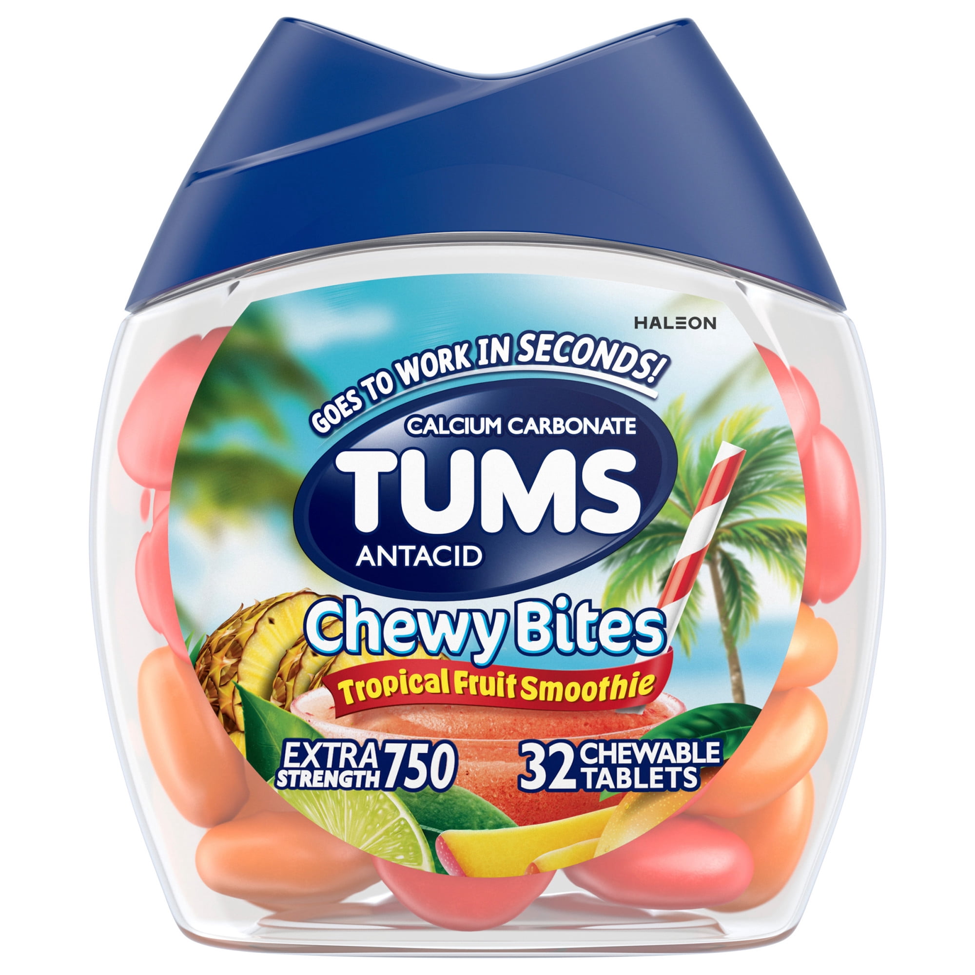 Tums Chewy Bites Chewable Antacid Tablets for Heartburn Relief, Tropical Fruit Smoothie - 32 Count