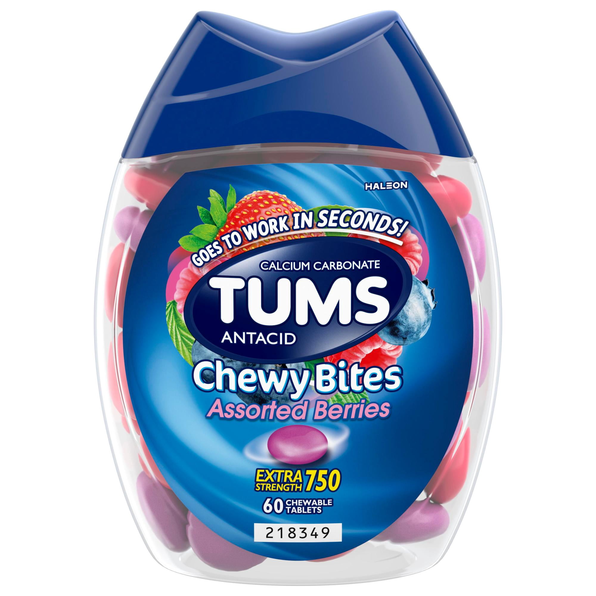 Snacid Tums Chewy Bites Heartburn Relief Chewable Antacid Tablets, Berry, 60 ...