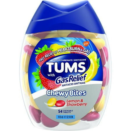 TUMS Chewy Bites Antacid with Gas Relief, Melon-Berry Hard Shell Chews for Heartburn + Gas Relief, 54 Antacid Chews