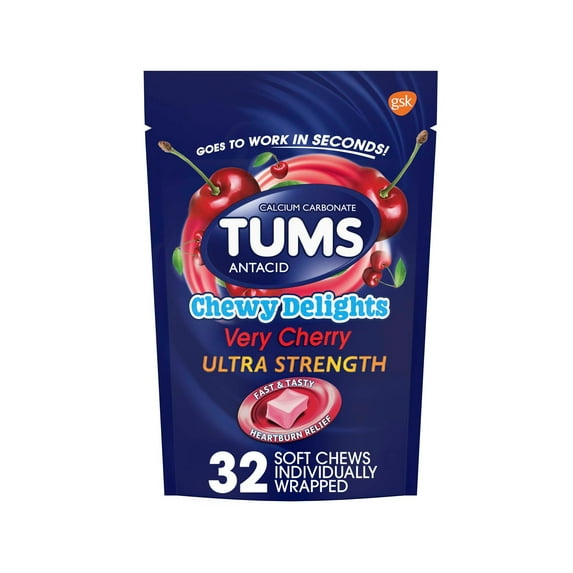 Tums Chewy Delights Ultra Strength Heartburn Relief Antacid Soft Chews, Very Cherry, 32 Count