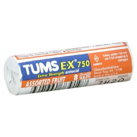 Tums Extra Strength 750, Assorted Fruit Flavor, Roll of 8 Chewable Tablets (Pack of 12)