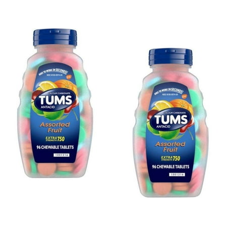 Tums Extra Strength 750 Antacid Chewable Tablets, Assorted Fruit, 96 Ea, - 2 Pack