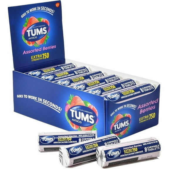 TUMS Extra Strength 750 mg Chewable Antacid Tablets for Fast Heartburn Relief, Assorted Berry, 12 Rolls