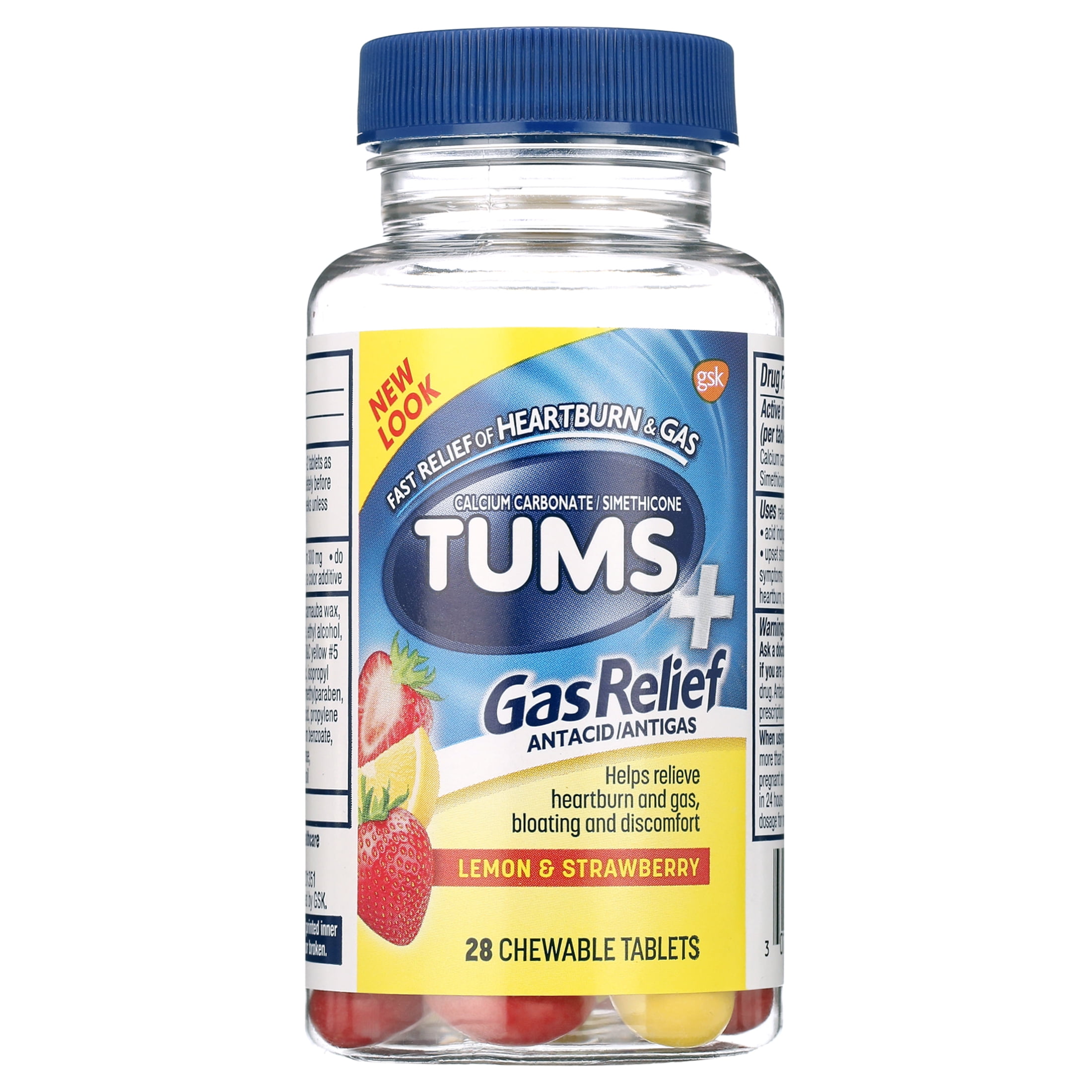 Tums+ Gas Relief Chewy Bites Chewable Antacid Tablets, Lemon/Strawberry