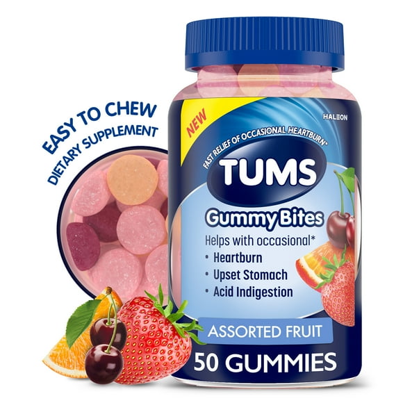 Tums Gummy Bites Dietary Supplement for Occasional Heartburn Relief, Assorted Fruit Flavors - 50 Count